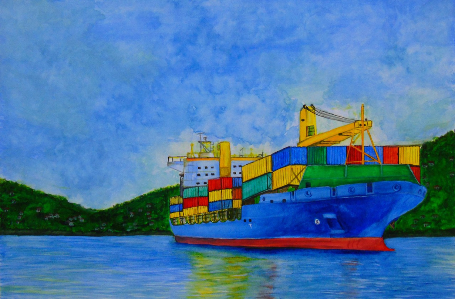 Free Vector | Hand drawn container ship and mountains